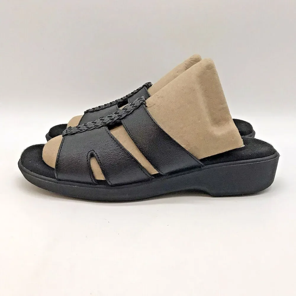 Dr. Scholl's Leather Wedge Sandals Women's 7M Black E3H-01 Comfort Slides Shoes